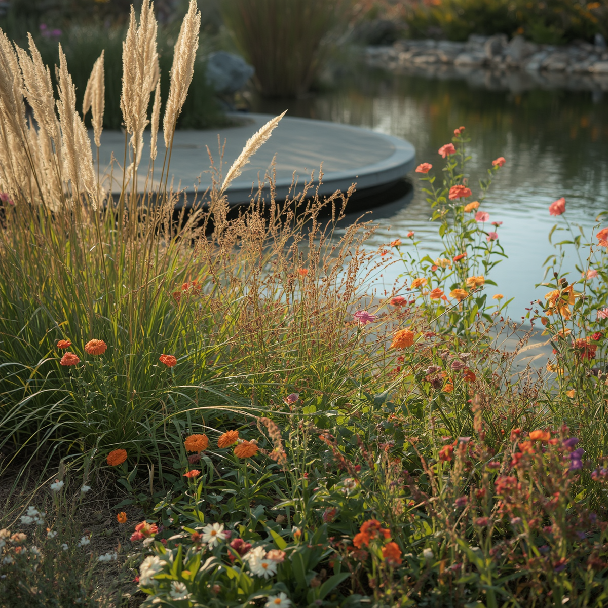moderner Naturgarten design gräser und blumen